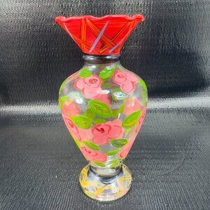 Vintage‎ Hand Painted Glass Vase Vessel Multicolored Red Rose Glass Decorative